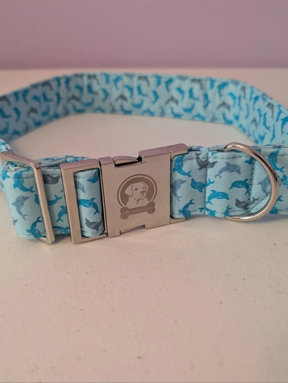 Mr. Chubbyface Spring Summer Dog Collar Dolphin Blue XL Dog Collar Cloth